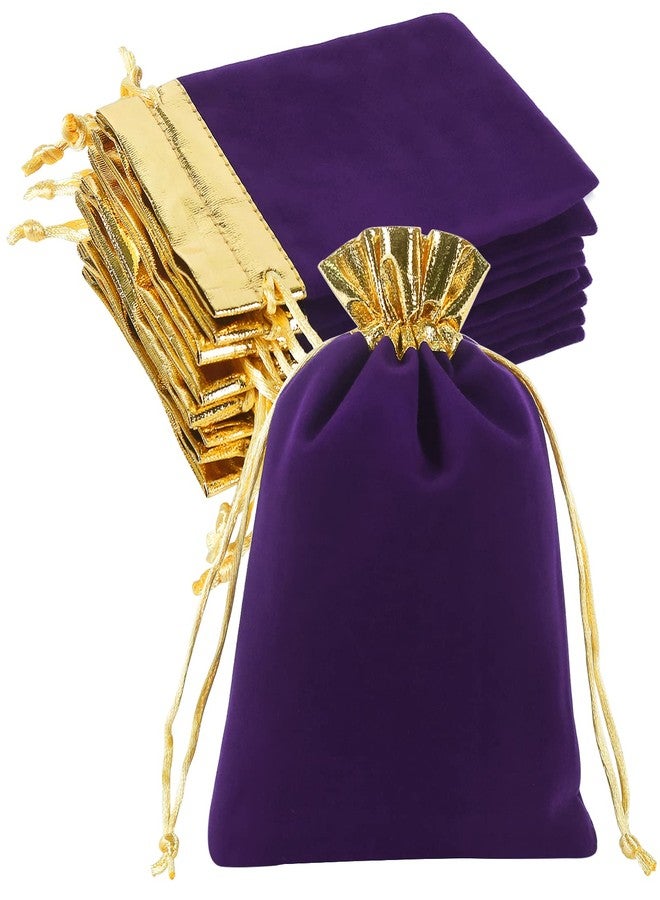 HRX Package 10pcs Velvet Bags with Drawstrings 5x7 inch, Purple Gold Cloth Jewelry Pouches Baggies Sacks for Small Gift Dice Party Favor - Image 1